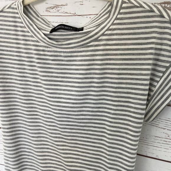 Merokeety S Grey Stripe Tie Waist Pocket Sheath Belted Mini Crew Tshirt Dress - Picture 3 of 7